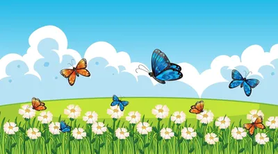 Луг с цветами и бабочками в разных размерах и форматах для скачивания со стокового сайта