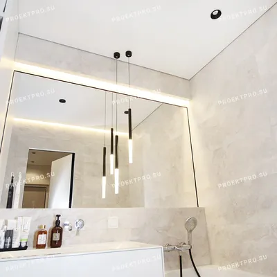 Интерьер ванной с натяжными потолками: фото