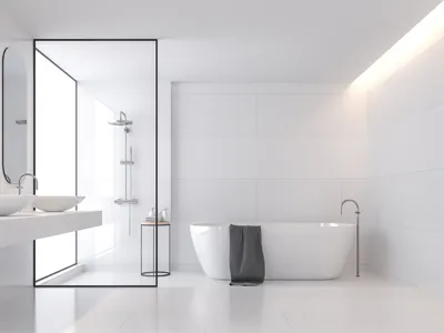 Ванная комната в одном стиле: фотографии с однотонной плиткой