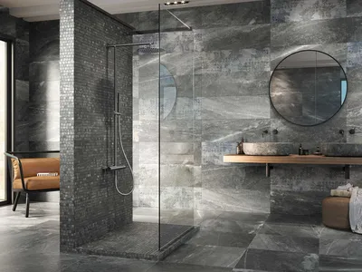 29) Фотографии ванной комнаты с плиткой в стиле хай-тек