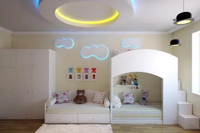Детская комната: потолки из гипсокартона на фотографиях