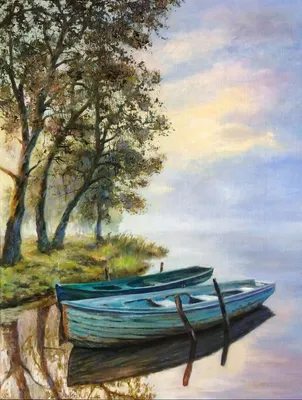 Рисунок рассвета на озере в стиле арт