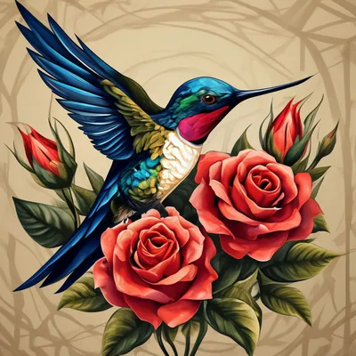 Фото розы колибри в стиле гравюры