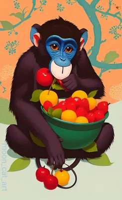 4K изображение: Шимпанзе и яйца в красочном стиле.