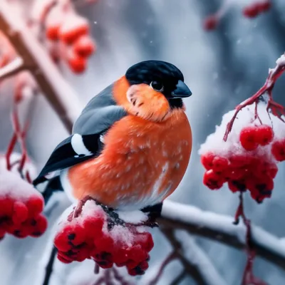 Изображение зимней красоты: Снегири на рябине JPG