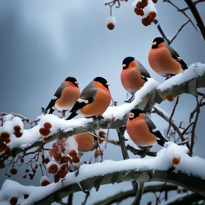 Изображение зимней природы: Снегири на рябине разных размеров