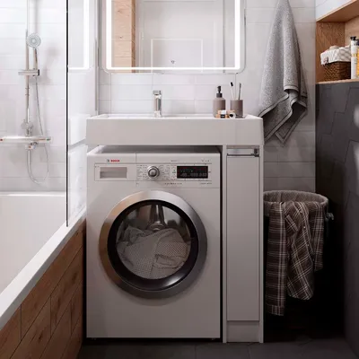 Изображение стиральной машины под раковиной в ванной: формат PNG