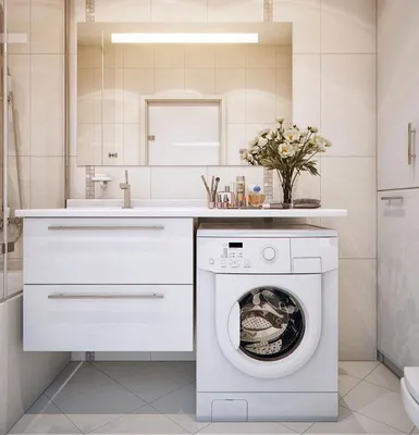 Фотография стиральной машины под раковиной в ванной: скачать JPG, PNG, WebP