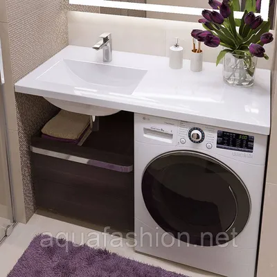 Фотография стиральной машины под раковиной в ванной: скачать JPG, PNG, WebP