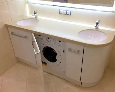 Творческий подход к организации ванной: стиральная машина под раковиной.