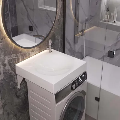 Идеи для организации пространства в ванной: стиральная машина под раковиной.