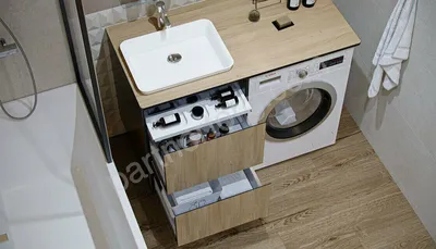 Как сделать ванную комнату более стильной: стиральная машина под раковиной.