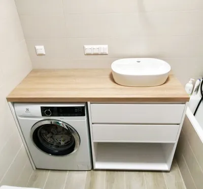 Идеи для маленькой ванной: стиральная машина под раковиной.