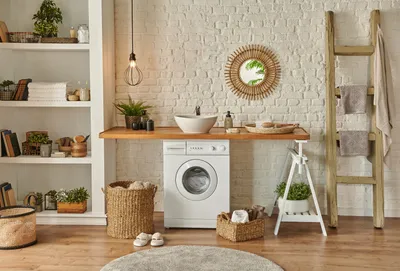 Фотография стиральной машины под раковиной в ванной: скачать бесплатно
