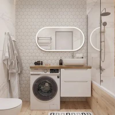 Фотография стиральной машины под раковиной в ванной