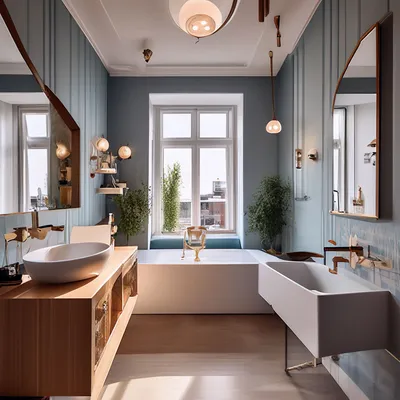 Фото светлой ванной комнаты с модным интерьером