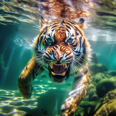 Удивительное изображение тигра в пещере воды