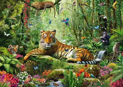 Впечатляющий тигр в окружении растительности