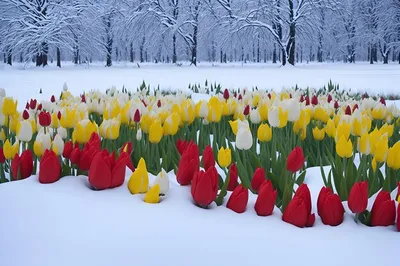 Весна в снегах: тюльпаны расцветают на белом фоне