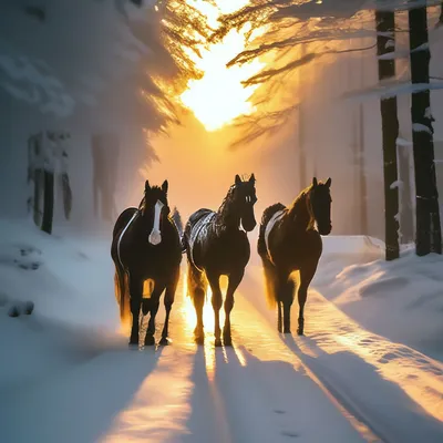 Зимний кадр: Тройка лошадей в снегу