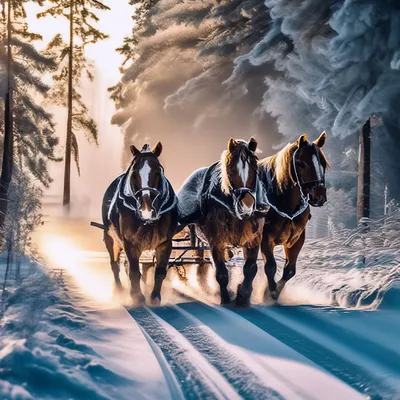 Зимний пейзаж с лошадьми: Изображение