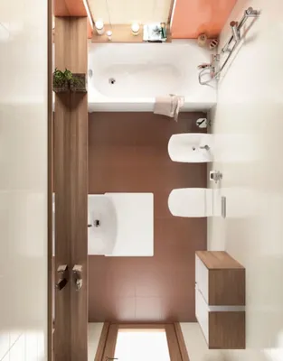 Изображение узкой длинной ванной комнаты с разными стилями интерьера