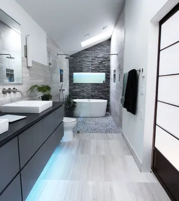 Новое изображение узкой длинной ванной комнаты с современным дизайном