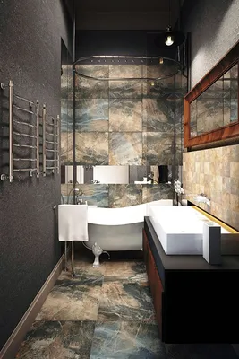 Изображение узкой длинной ванной комнаты с использованием растений для создания атмосферы спа