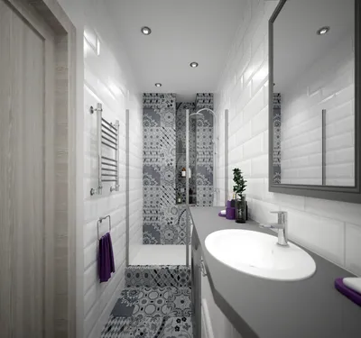 Современный дизайн узкой длинной ванной комнаты