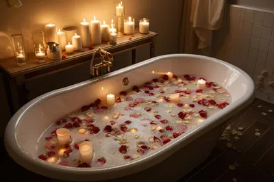 Фотка: Ванна с лепестками роз и свечами - выберите свой формат