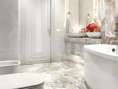 Фото ванной комнаты в белом цвете с мебелью