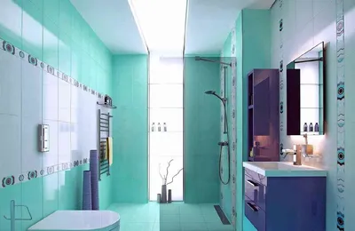 Стильное изображение ванной комнаты с бирюзовым декором