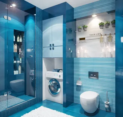 Фото ванной комнаты с модной ванной в голубом цвете
