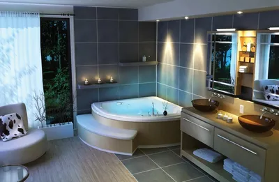 Фото ванной комнаты с элегантной ванной в голубом цвете