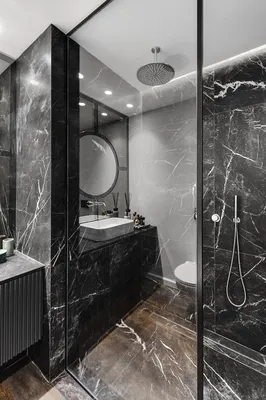 Фотографии ванной комнаты: черно-белый дизайн с элегантными акцентами
