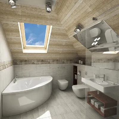 Фото: роскошная ванная комната на мансардном этаже