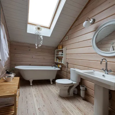 Фотография ванной комнаты обшитой вагонкой в 4K разрешении