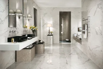 Фото ванной комнаты с плиткой под мрамор: современный дизайн