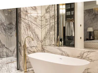 Стильные фото ванной комнаты с плиткой под мрамор