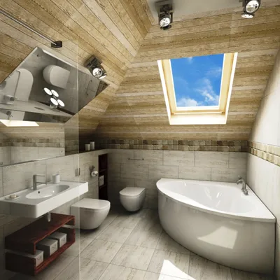 Фото ванной комнаты в мансарде. Выберите размер изображения и скачайте в форматах JPG, PNG, WebP