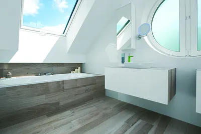 Фото ванной комнаты в мансарде с минималистичным стилем