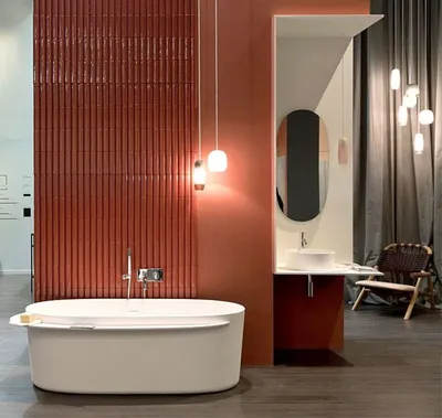 Фотография стильной ванной комнаты в оранжевом оформлении