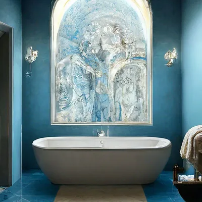 Фотография ванной комнаты в синих тонах с роскошным интерьером