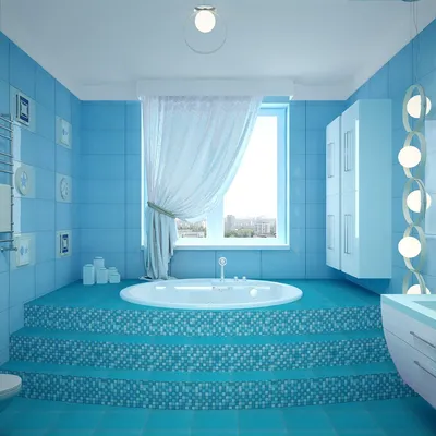 Ванная комната в синих тонах с современными сантехническими приборами