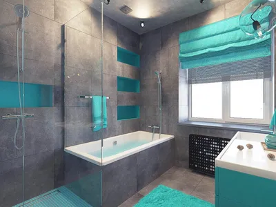 Ванная комната в синих тонах с уютным ковриком