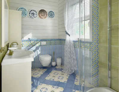 Фотография ванной комнаты в синих тонах с уникальными шторами