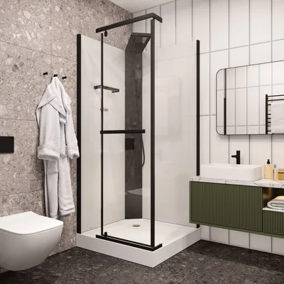 Фото ванной с поддоном: варианты с использованием стекла и зеркал