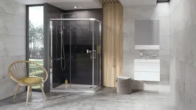 Стильная ванная комната с поддоном и деревянными элементами