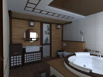 Фото ванной комнаты в японском стиле с элементами природы