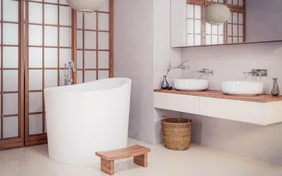 Фото ванной комнаты с японской атмосферой и уникальным интерьером